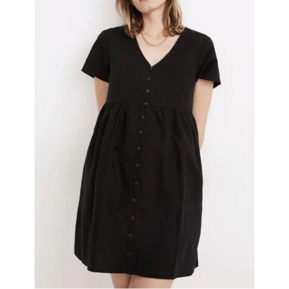 Madewell Dress Womens Large Flare Linen Blend Alexandra Button Front Short Black - Picture 2 of 11